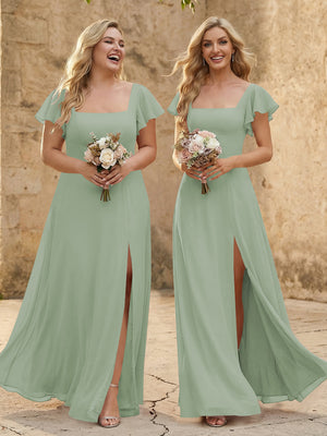 Chiffon Square Neck Corset Bridesmaid Dresses with Slit