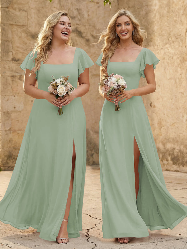 Chiffon Square Neck Corset Bridesmaid Dresses with Slit