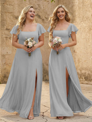 Chiffon Square Neck Corset Bridesmaid Dresses with Slit