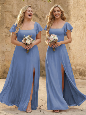 Chiffon Square Neck Corset Bridesmaid Dresses with Slit