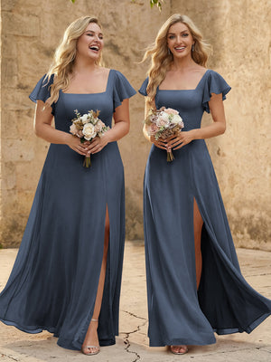 Chiffon Square Neck Corset Bridesmaid Dresses with Slit