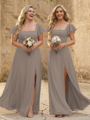 Chiffon Square Neck Corset Bridesmaid Dresses with Slit