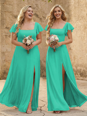 Chiffon Square Neck Corset Bridesmaid Dresses with Slit