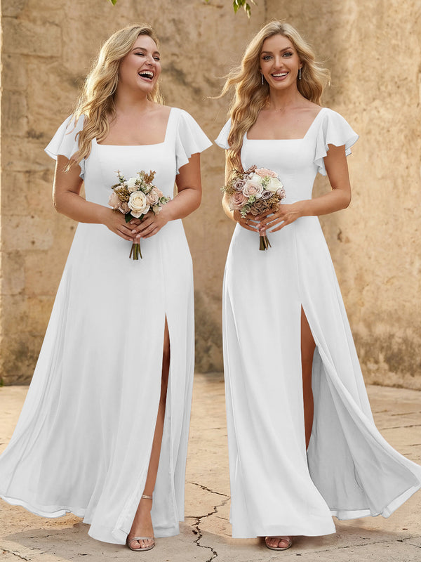 Chiffon Square Neck Corset Bridesmaid Dresses with Slit
