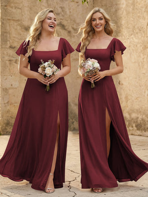 Chiffon Square Neck Corset Bridesmaid Dresses with Slit