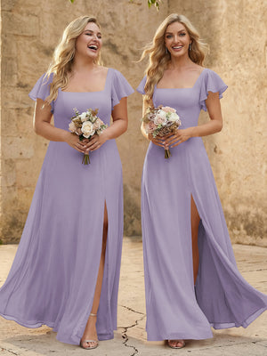 Chiffon Square Neck Corset Bridesmaid Dresses with Slit