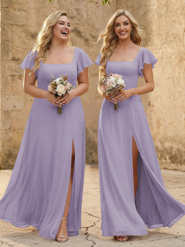 Chiffon Square Neck Corset Bridesmaid Dresses with Slit