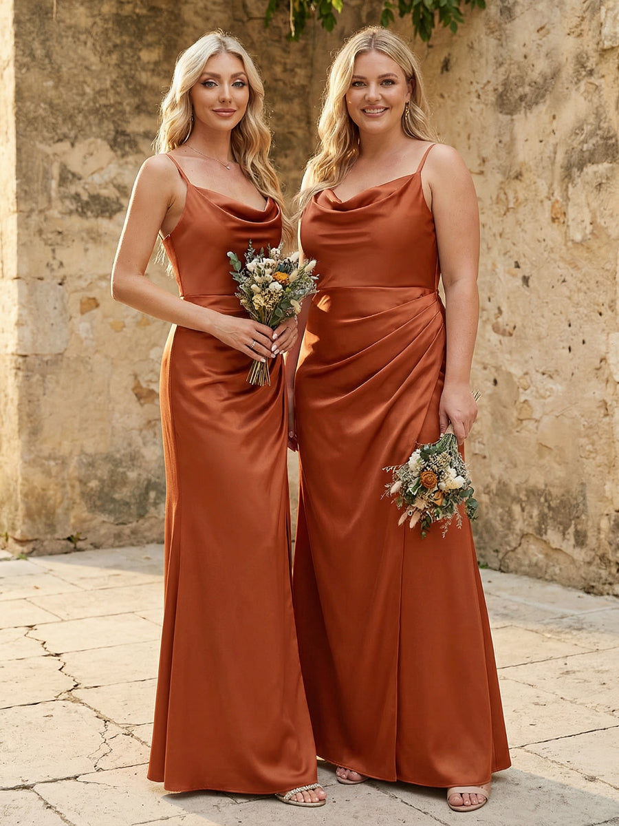 Spaghetti Straps Satin Cowl Neck Corset Bridesmaid Dresses