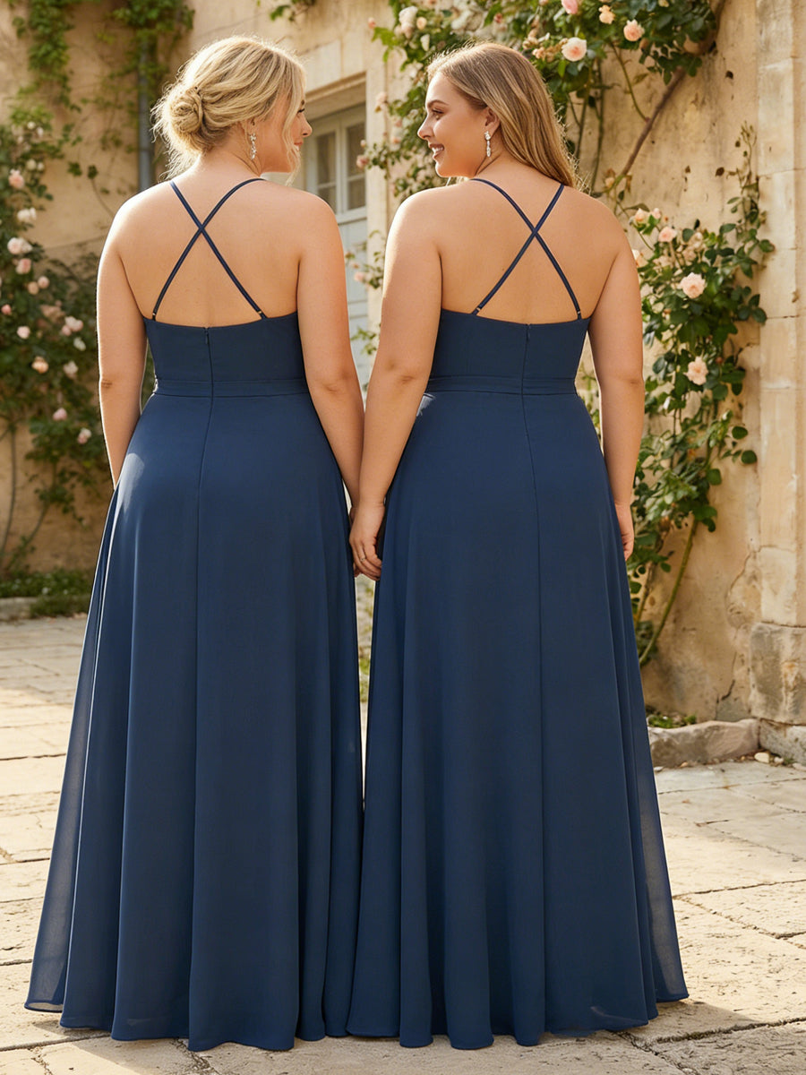 Spaghetti Straps Cowl Neck Chiffon Bridesmaid Dresses with Slit