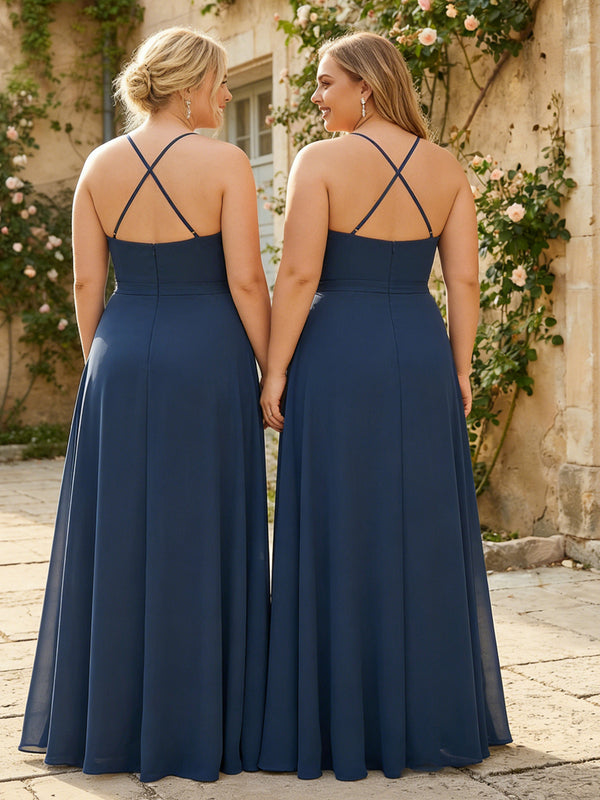 Spaghetti Straps Cowl Neck Chiffon Bridesmaid Dresses with Slit