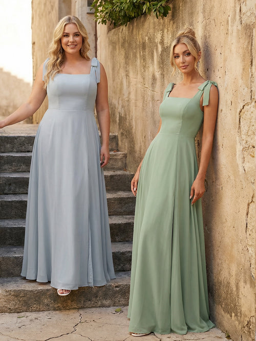 Chiffon Bow Square Neck Corset Bridesmaid Dresses