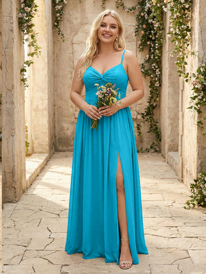 Spaghetti Straps Chiffon Sweetheart Bridesmaid Dresses with Slit