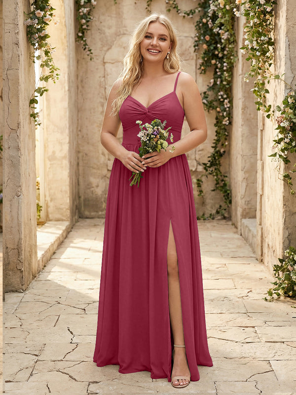 Spaghetti Straps Chiffon Sweetheart Bridesmaid Dresses with Slit