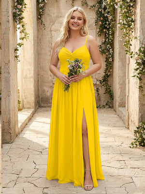 Spaghetti Straps Chiffon Sweetheart Bridesmaid Dresses with Slit
