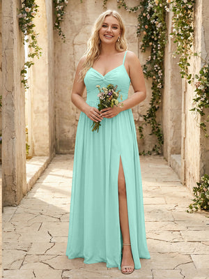 Spaghetti Straps Chiffon Sweetheart Bridesmaid Dresses with Slit
