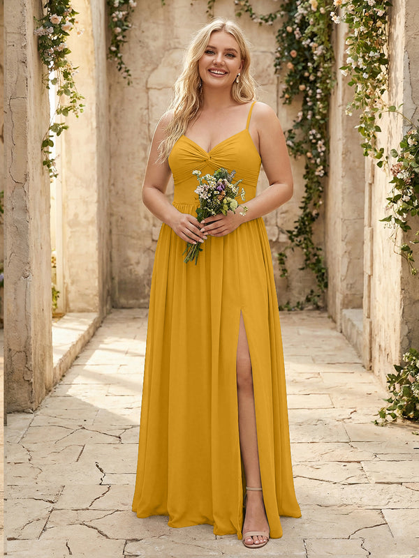 Spaghetti Straps Chiffon Sweetheart Bridesmaid Dresses with Slit