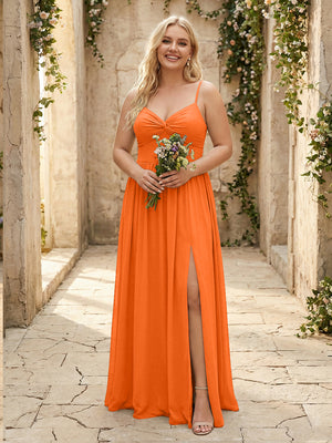 Spaghetti Straps Chiffon Sweetheart Bridesmaid Dresses with Slit