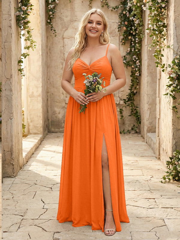 Spaghetti Straps Chiffon Sweetheart Bridesmaid Dresses with Slit