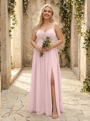 Spaghetti Straps Chiffon Sweetheart Bridesmaid Dresses with Slit