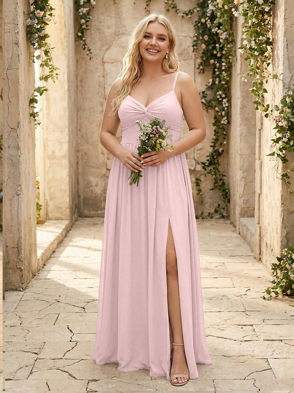 Spaghetti Straps Chiffon Sweetheart Bridesmaid Dresses with Slit