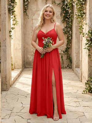 Spaghetti Straps Chiffon Sweetheart Bridesmaid Dresses with Slit
