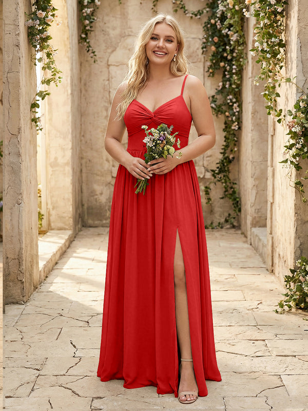 Spaghetti Straps Chiffon Sweetheart Bridesmaid Dresses with Slit