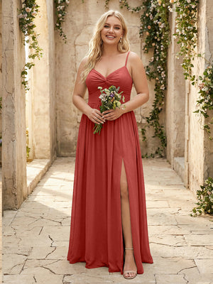 Spaghetti Straps Chiffon Sweetheart Bridesmaid Dresses with Slit