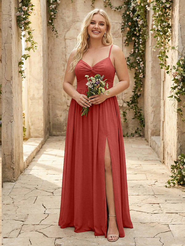 Spaghetti Straps Chiffon Sweetheart Bridesmaid Dresses with Slit
