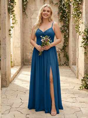 Spaghetti Straps Chiffon Sweetheart Bridesmaid Dresses with Slit
