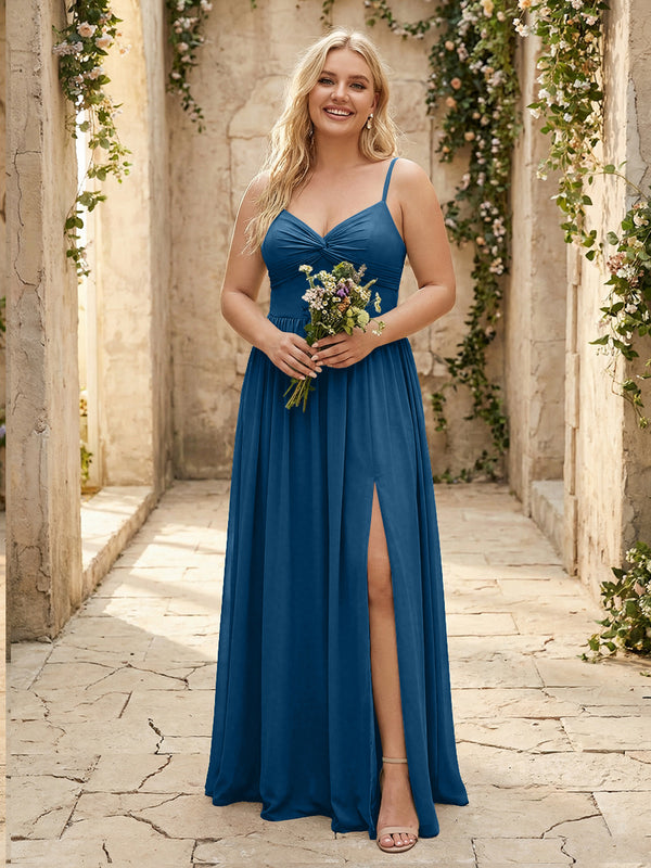 Spaghetti Straps Chiffon Sweetheart Bridesmaid Dresses with Slit