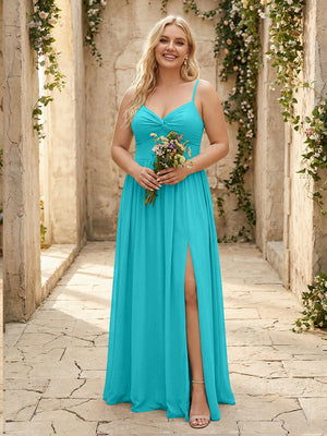 Spaghetti Straps Chiffon Sweetheart Bridesmaid Dresses with Slit