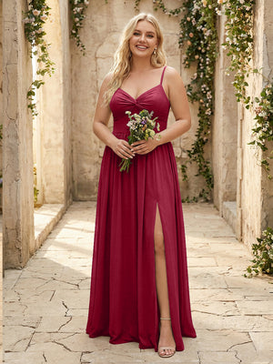 Spaghetti Straps Chiffon Sweetheart Bridesmaid Dresses with Slit