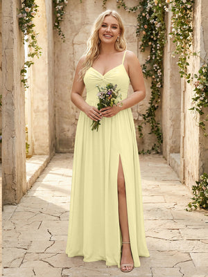 Spaghetti Straps Chiffon Sweetheart Bridesmaid Dresses with Slit