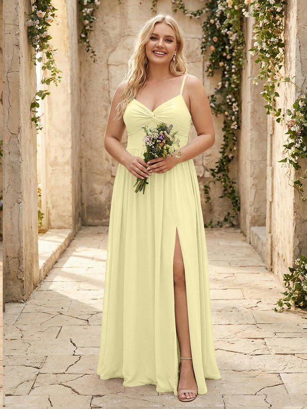 Spaghetti Straps Chiffon Sweetheart Bridesmaid Dresses with Slit