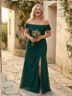 Off the Shoulder Chiffon Pleated Bridesmaid Dresses with Slit