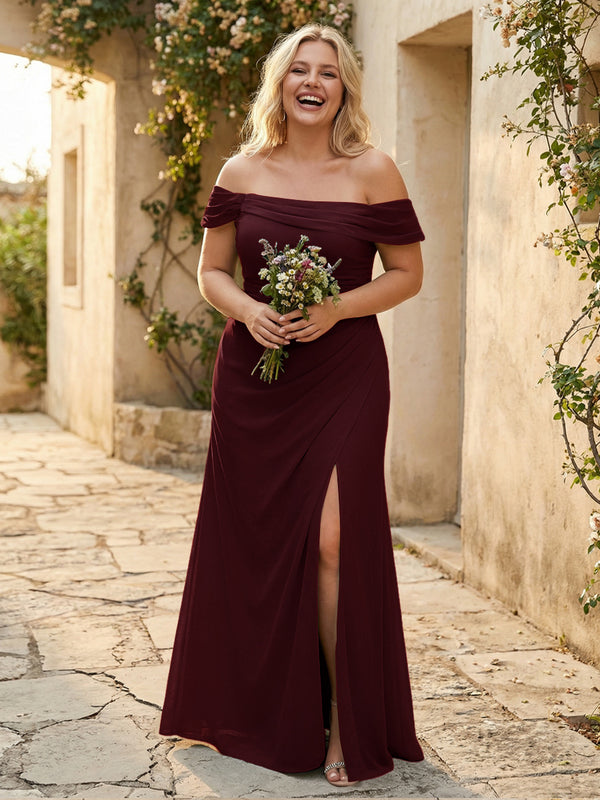 Off the Shoulder Chiffon Pleated Bridesmaid Dresses with Slit