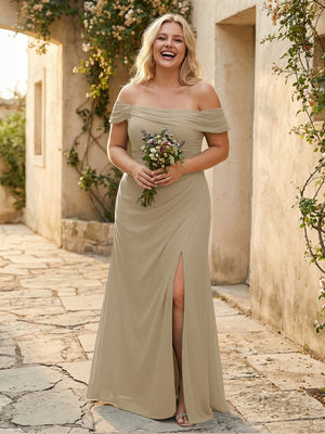 Off the Shoulder Chiffon Pleated Bridesmaid Dresses with Slit