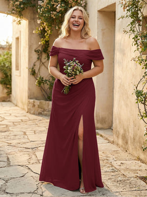 Off the Shoulder Chiffon Pleated Bridesmaid Dresses with Slit