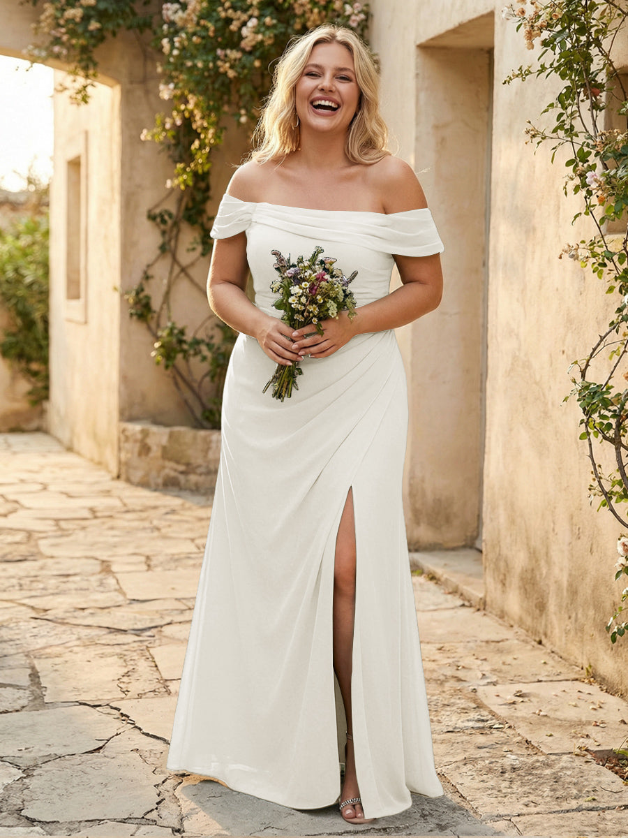 Off the Shoulder Chiffon Pleated Bridesmaid Dresses with Slit
