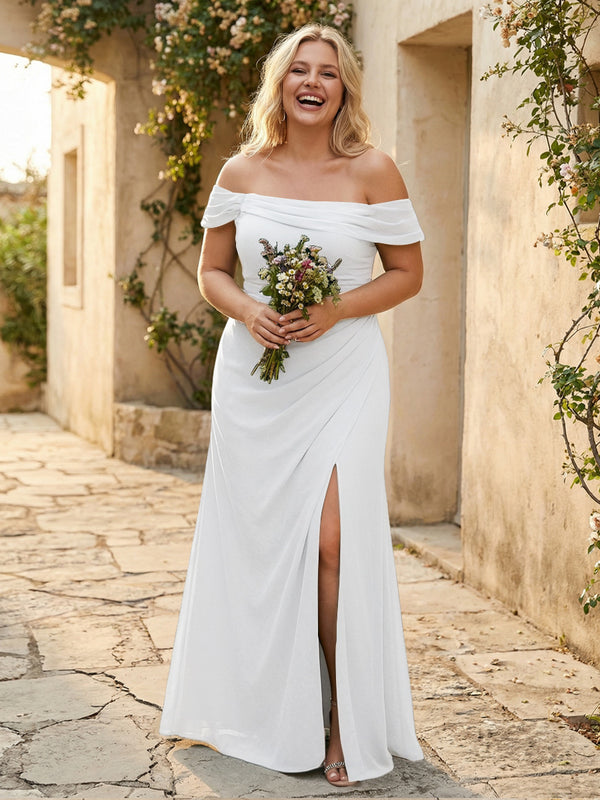 Off the Shoulder Chiffon Pleated Bridesmaid Dresses with Slit