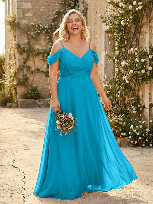 Spaghetti Straps Chiffon Pleated  Off the Shoulder Bridesmaid Dresses
