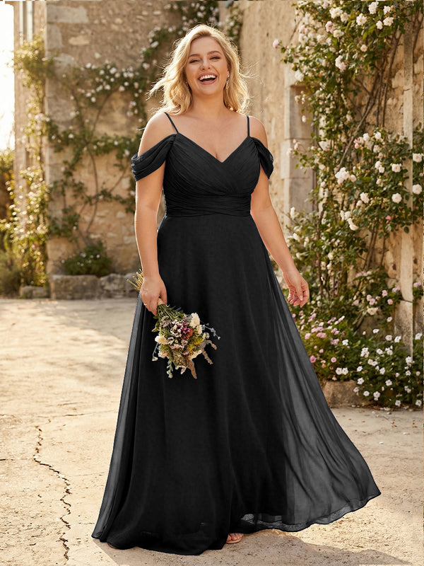 Spaghetti Straps Chiffon Pleated  Off the Shoulder Bridesmaid Dresses