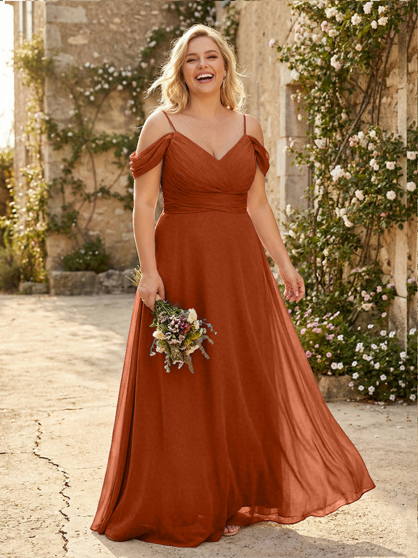 Spaghetti Straps Chiffon Pleated  Off the Shoulder Bridesmaid Dresses