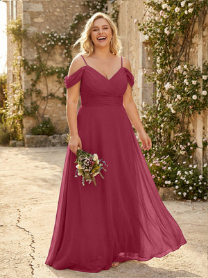 Spaghetti Straps Chiffon Pleated  Off the Shoulder Bridesmaid Dresses