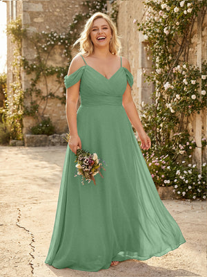 Spaghetti Straps Chiffon Pleated  Off the Shoulder Bridesmaid Dresses