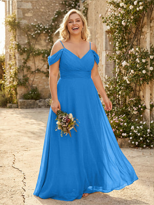 Spaghetti Straps Chiffon Pleated  Off the Shoulder Bridesmaid Dresses