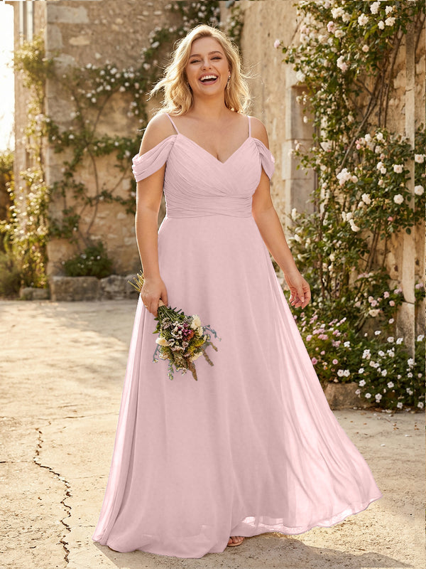 Spaghetti Straps Chiffon Pleated  Off the Shoulder Bridesmaid Dresses