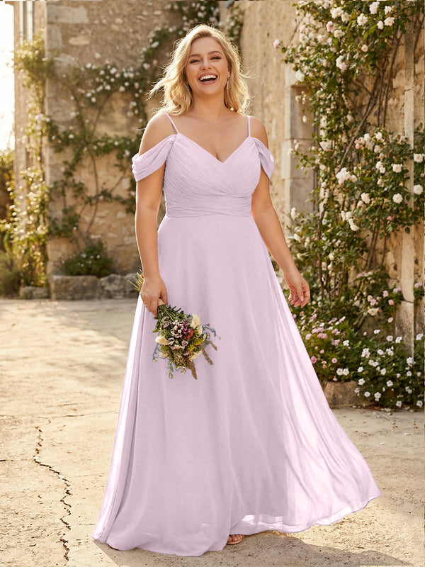 Spaghetti Straps Chiffon Pleated  Off the Shoulder Bridesmaid Dresses