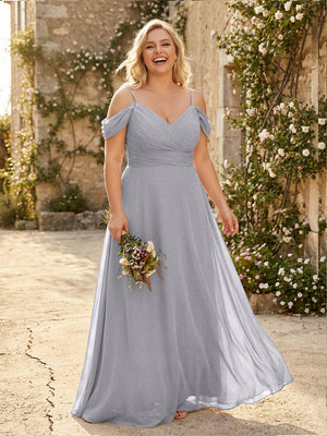 Spaghetti Straps Chiffon Pleated  Off the Shoulder Bridesmaid Dresses