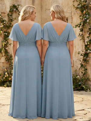 Chiffon V Neck Pleated Corset Bridesmaid Dresses
